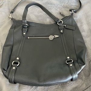 Coach black leather crossbody with purple lining! Silver accents. Super cute!